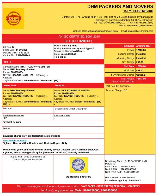 Genuine GST Invoice Sample for Packers and Movers in Erragadda - DHM Packers and Movers