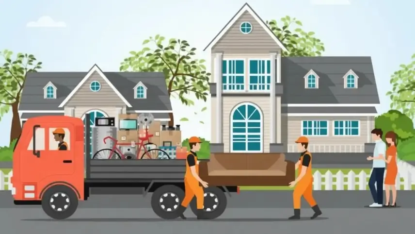 DHM Packers and Movers transport trucks near warehouse