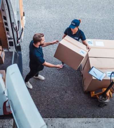 Delivery workers using a Hydraulic Hand Pallet Truck to load a delivery van.