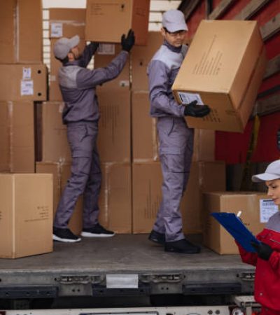 A group of delivery workers loading a delivery truck
