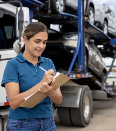 Latin American woman working at a distribution warehouse and supervising the shipping of cars to the dealerships