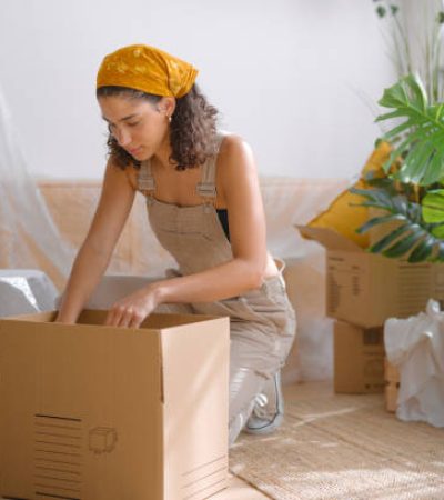 A young woman kneels on the floor of her newly acquired apartment, carefully sorting through items from a cardboard box. Around her, several other moving boxes are scattered, reflecting the beginning of her new chapter in this space.
