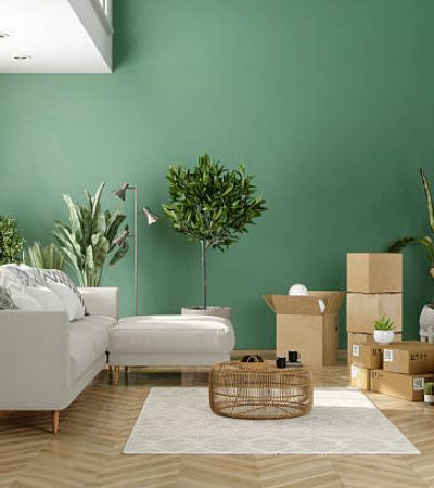 Living Room Interior With Sofa, Cardboard Boxes And Potted Plants. Moving House Concept