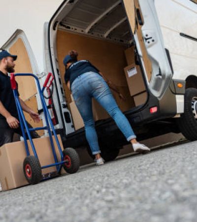 Delivery Men  Loading Cardboard Boxes From delivery van
