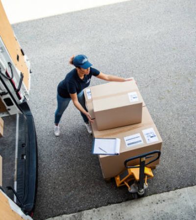 Delivery Workers  Loading Cardboard Boxes  in Delivery Van
