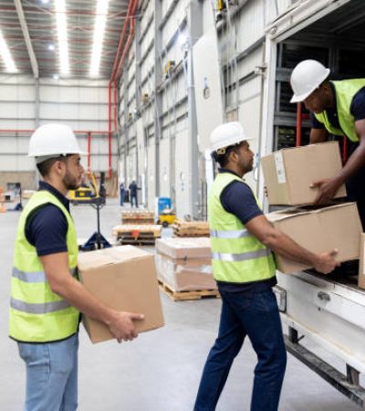 Group of workers working at a distribution warehouse loading boxes on a truck - freight transportation concepts